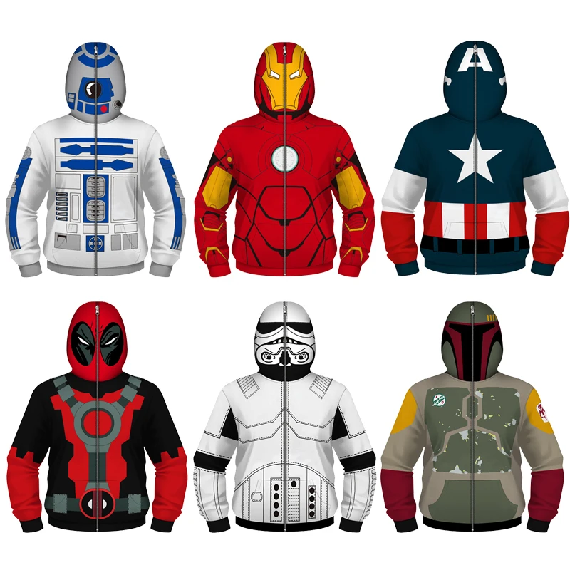 

Kids Hoodies Darth Vader Star Wars R2D2 Deadpool Marvel Superhero Iron Man Captain America Spider Mask Sweatshirt Boys Jacket