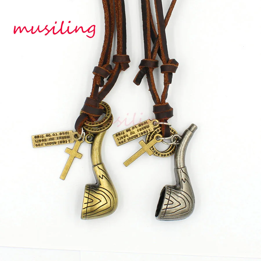 Adjustable Leather Necklace Pendant Metal Tobacco Pipe Pendulum Charms