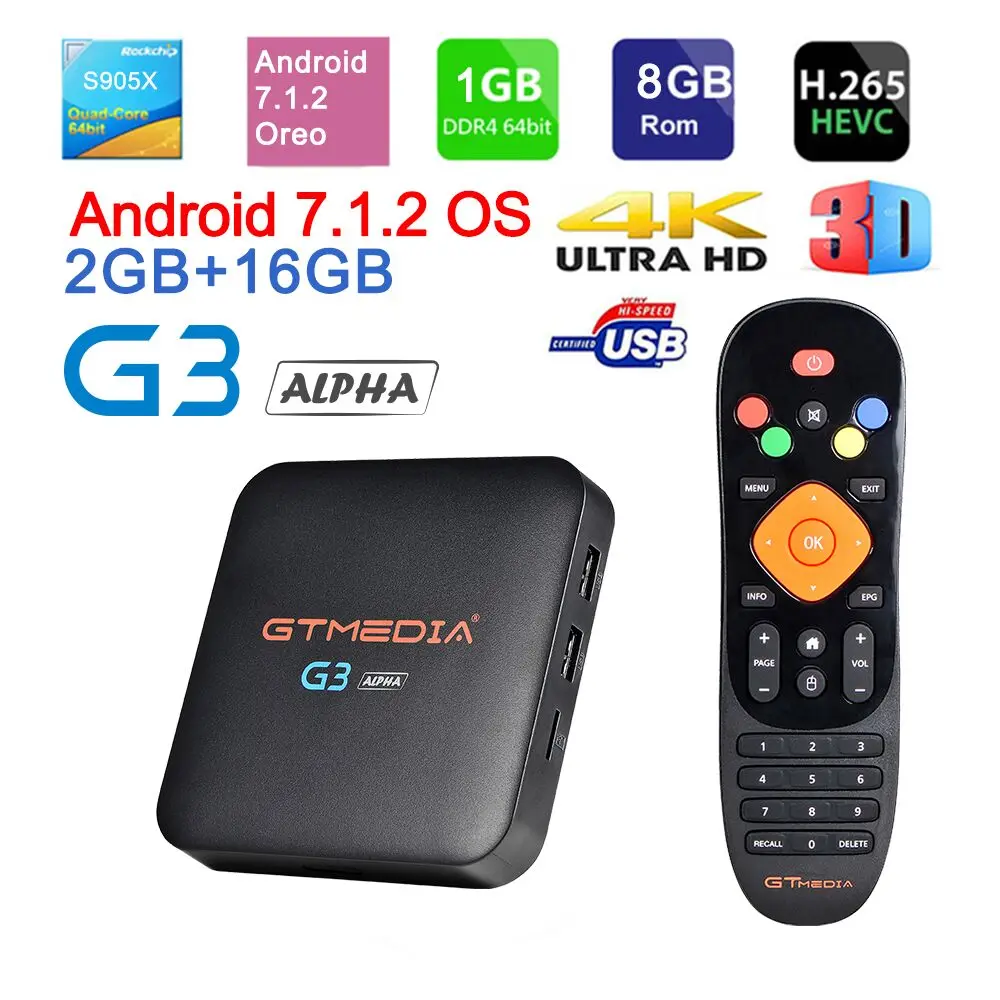 GTmedia Android tv G3 tv Box Amlogic S905X Android 7.1.2 2 Гб ram+ 16 Гб rom 2,4G+ 5G WiFi 100 Мбит/с BT4.0 поддержка 4 K H.265 IP tv