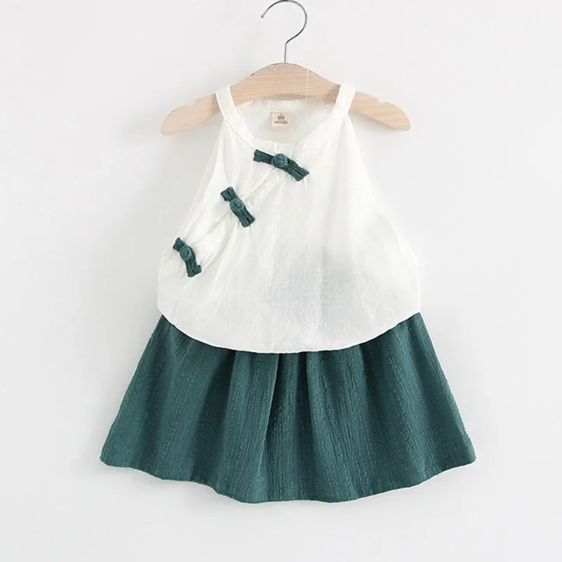 

New arrival 2019 summer children girls China style clothing set Kids girls casual cotton Vest + Green Skirt sets 2-7 years !