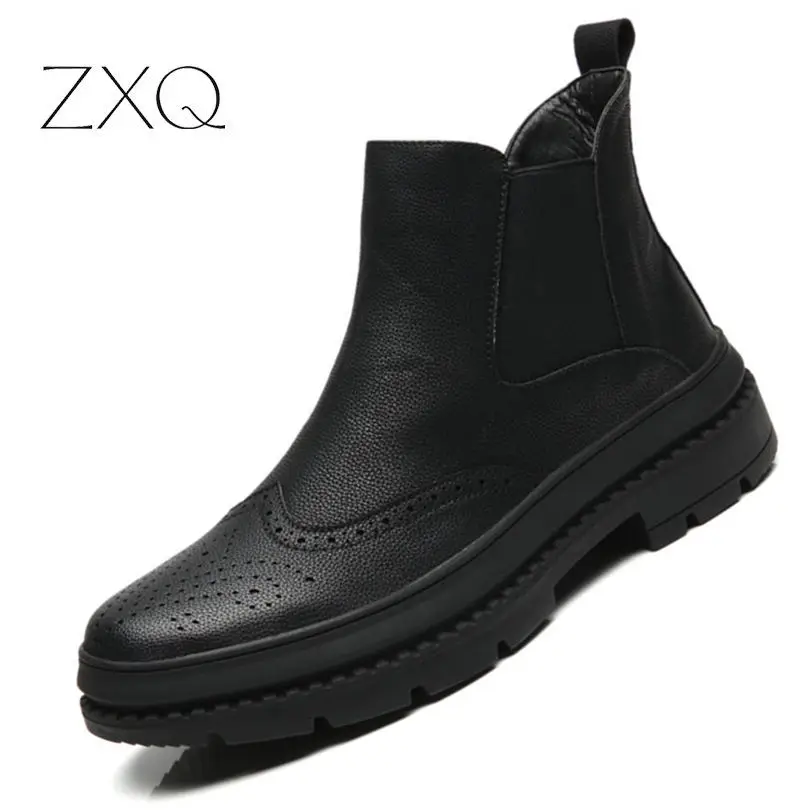 

Chelsea Boots Men Winter Shoes Black Microfiber Leather Boots Mens Footwear Warm Waterproof Oxford Brogues Boots For Men