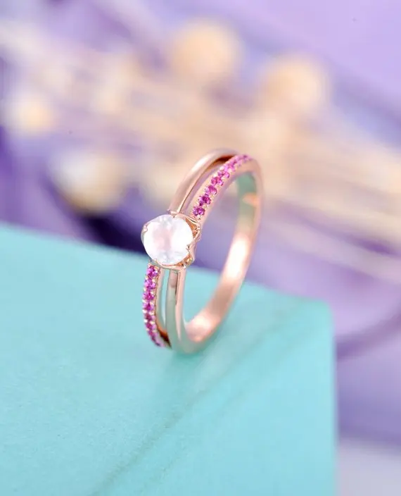 

MYRAY Natural Moonstone Pink Sapphire Engagement Wedding Ring Solid 14k White Yellow Rose Gold Women Bridal Antique Anniversary