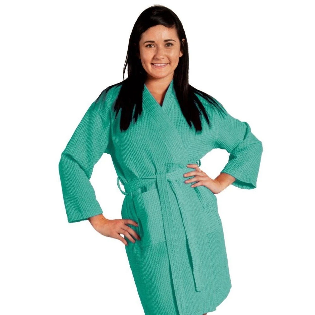 Thigh Lenght Waffle Kimono Robe - Women - Aqua - Adult - One Size (1)