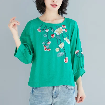 Color3 Green Женская футболка, весна-лето, маленькая, свежая, Корейская, простая, с вышивкой, свободная, plu Размер, топы, хлопок, лен, футболки, повседневная рубашка - Цвет: Color3 Green