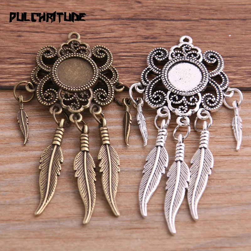 

PULCHRITUDE 2pcs 10mm Alloy Two Color Vintage Tree Leaf Feather Wings Fame Style Round Cabochon Necklace Pendant For Diy Make