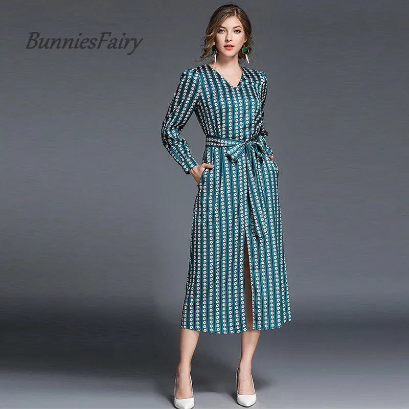 

BunniesFairy 2019 Spring New Ladies Elegant Style V Neck Floral Print Front Split Midi Dress Long Sleeve Robe Vestidos