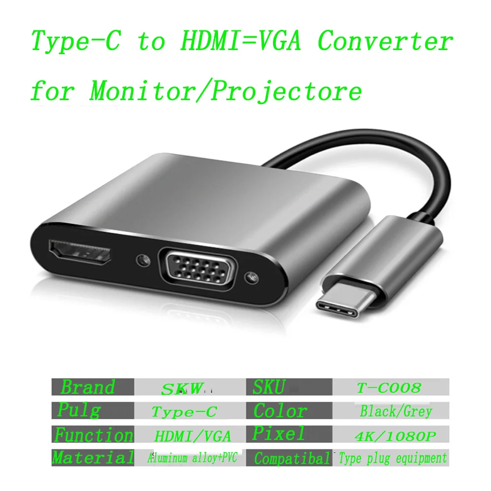New SKW T C008 Type C Converter Adapter Type C to HDMI VGA HD