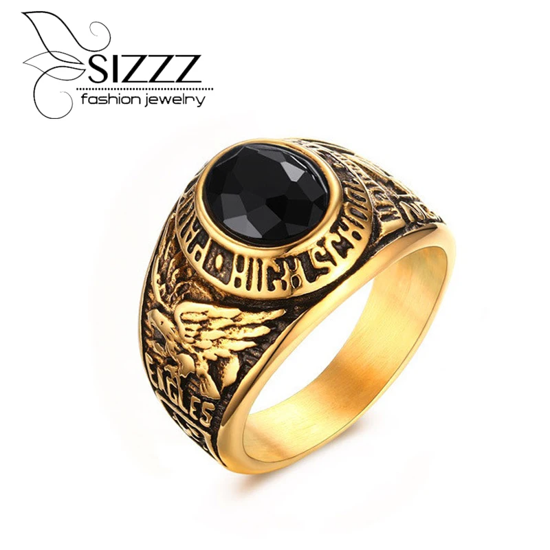 

SIZZZ Men's 17mm stainless steel black CZ ring golden colleges and universities Tide male lettering rings wholesale