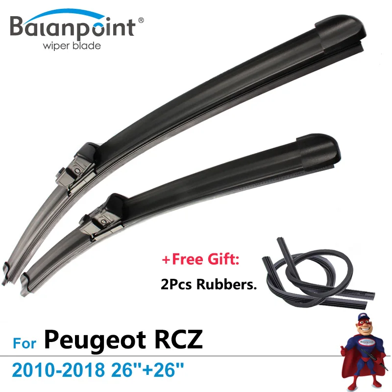 2Pcs Wiper Blades + 2Pcs Free Rubbers for Peugeot RCZ 2010 2018 26"+26