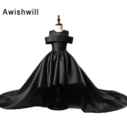 Новое поступление Обувь для девочек Праздничное платье с длинным шлейфом рукавов атласная черный детское праздничное платье принцессы