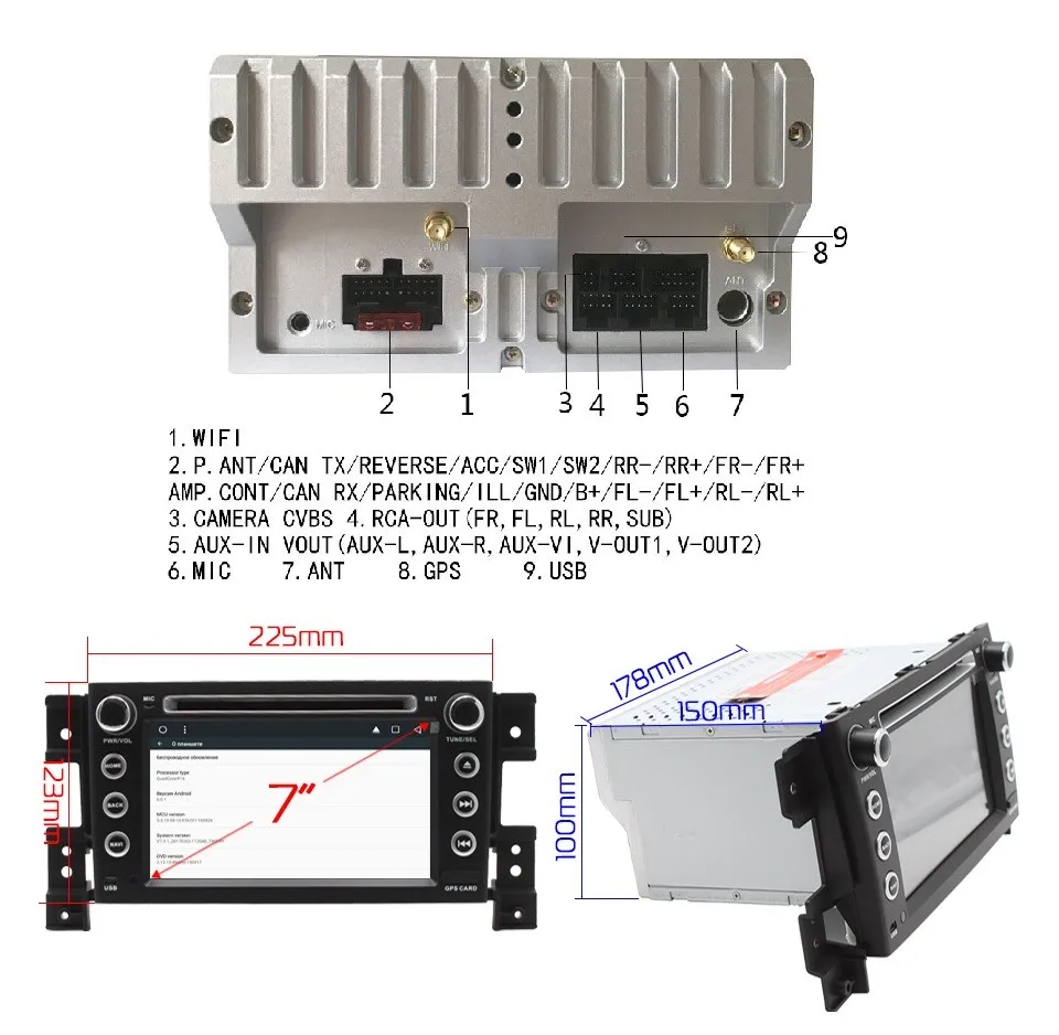 Штатная магнитола Marubox 7A905MT8 для Suzuki Grand Vitara,Android 8.1,восьмиядерный процессор Allwinner T8 Cortex A7 Octa Core@ 2 GHz, 2Гб оперативной 32Гб встроенной памяти Разрешение1024х600,7" IPS