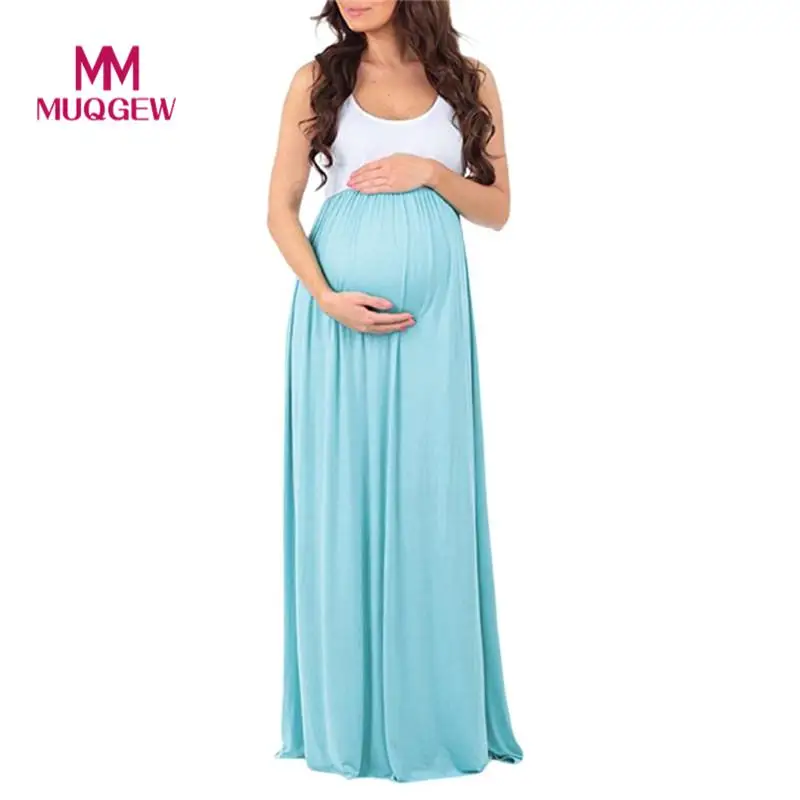 

Women's Summer Long Pregnant Dress Sleeveless Ruched Color Floral newest style Block Maxi Maternity Pregnancy Splicing Dress