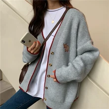 Autumn Winter Korean V-neck Cardigans Sweater Casual Embroidery Women Long Sleeve Button Knitted Coat Loose Sweater Outwear