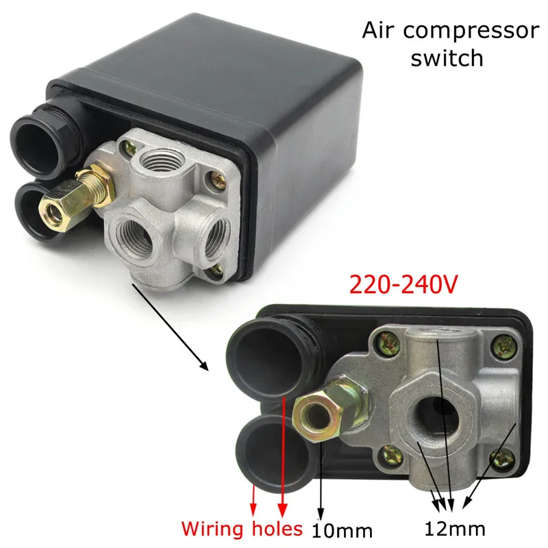 1/4 ''BSP 4 порта 12 бар однофазный воздушный компрессор давление 0-175 PSI переключатель контрольный клапан предохранительный клапан манометр