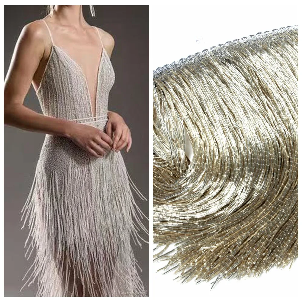 

La Belleza Silver/gold/black beaded Fringe Ribbon Trim Fringe Tassel Lace Trim 5 meters/ Lot 15-50cm long Video IS 50cm long