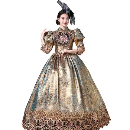 

100% real rococo dark golden flower embroidery bubble long ball gown medieval dress Renaissance gown