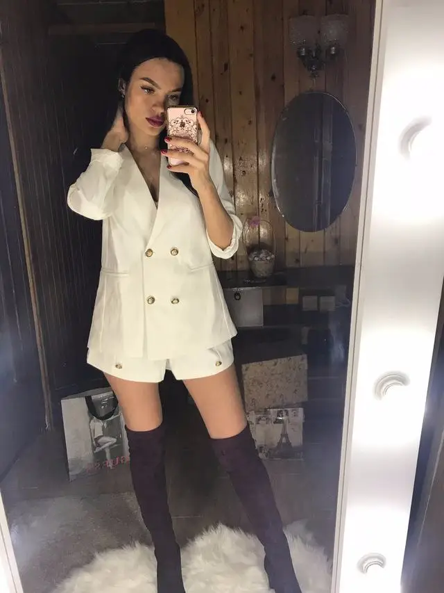 2018 New Women Korean Golden Button Double Breast Casual Shorts Pant White Long Sleeves Office Lady Suit Femme