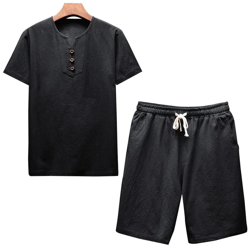 

LASPERAL Summer Men Set Fashion Solid Short Sleeve ONeck Linen T-shirt Shorts Suit Casual Breathable Drawsting Tracksuit Male