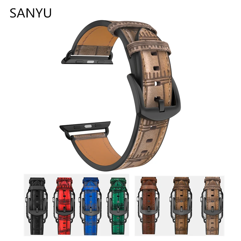 

SANYU Bamboo stripe Leather Band For Apple Watch Series 4 3 2 1 Wrist Strap Bracelets Buckle for iwatch 42MM 38MM 40MM 44MM