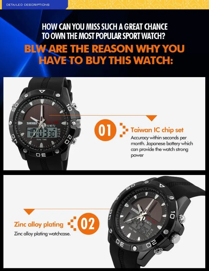 Watches Men Waterproof Solar Power Sports Casual Watch Man Men's Wristwatches 2 Time Zone Digital Quartz LED Clock Men