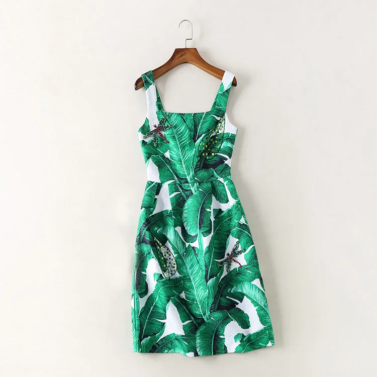 Truevoker летнее дизайнерское платье женское высококачественное зеленое платье с принтом насекомых бисер с бриллиантом рельефный ремешок платье 2XL