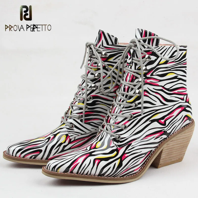 

Prova Perfetto 2019 Autumn New Woman Ankle Boots Genuine Leather Pointed Toe Stripe Popular Short Boots Lace-up Large Size Boots