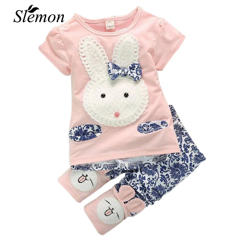 

New 2PCS 2018 Summer Kids Clothes Tops Short Sleeve + Pants Set Cute Rabbit Girls Pink Green Size 1 2 3 4 Years Toddlers Outfits