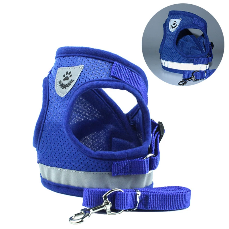 New Reflective Harnesses Breathable Air Nylon Mesh Puppy Dog Cat Harness and Leash Set for Small Medium Dog Cat Harnesses Vest - Цвет: Blue