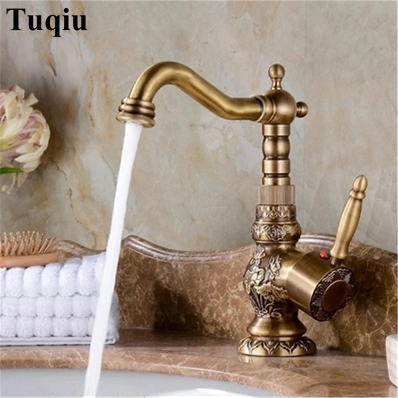 

Basin Faucets Deck Mounted Single Handle Bathroom Basin Mixer Tap Antique Bronze Crane High Quality Hot & Cold Water