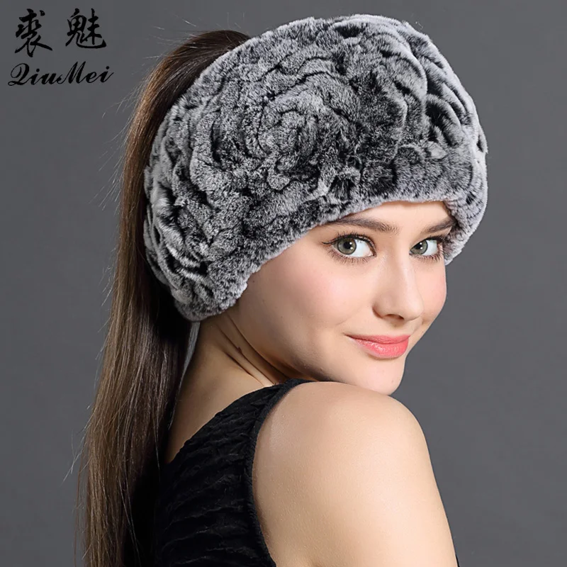 

QiuMei Rabbit Fur Hats Real Fur Dual-used for Women Natural Fur Ring Scarves&Hats Soft Genuine Fur Hats Beanies Winter 2018