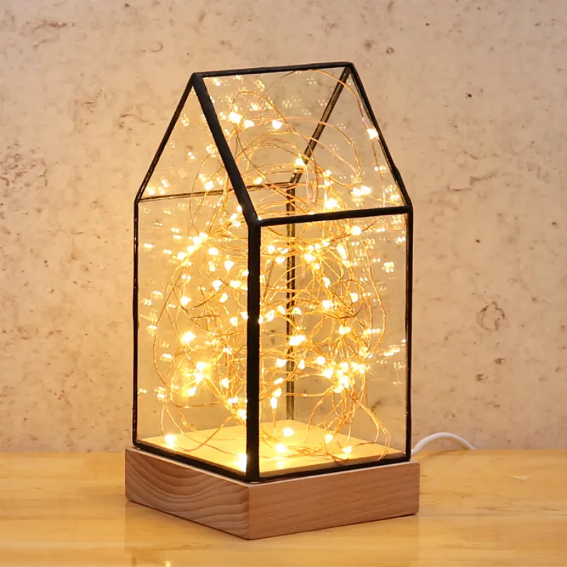 Romantic Creative Gift Spark Glass Wood Led Table Lamp For Wedding Deco