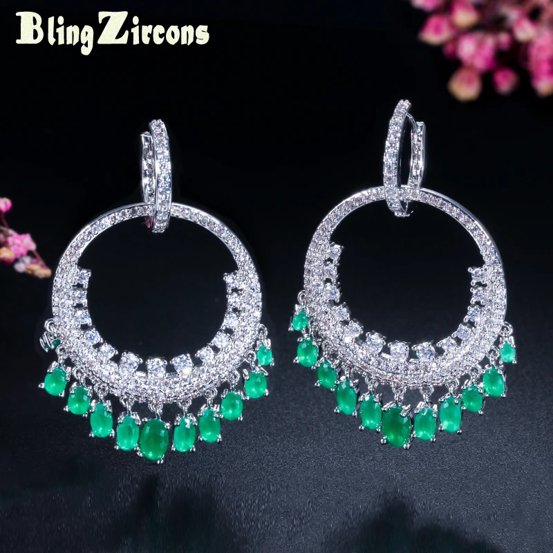 

BeaQueen Ladies Circle Loop Earring Green Cubic Zircon Stone Hanging Drop Big Round Hoop Earrings Jewelry for Wedding E150