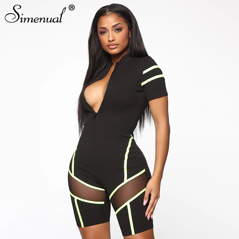 Simenual Neon Striped Fitness Rompers Womens Jumpsuit Sporty Zipper Patchwork Active Wear Workout Biker Playsuits Fashion Casual Simenual Neon Striped Fitness Rompers Womens Jumpsuit Sporty Zipper Patchwork Active Wear Workout Biker Playsuits Fashion Casual