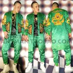Мужская свободная длинная куртка пальто певец из ночного клуба DJ Зеленые атласные халаты вышитые атмосферные костюмы roupas masculina
