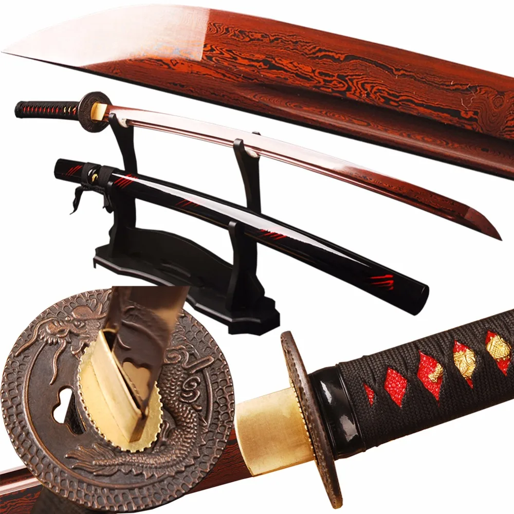 Sliver Dragon Japanese Samurai Sword Red Folded Steel Katana Battle Ready Knfe