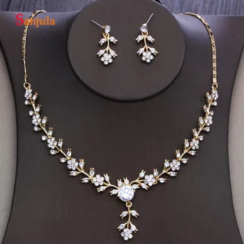 

Gold Leaves with Shiny Crystals Bridal Wedding Jewelry Sets Necklace and Earrings Accessories for Party Decoration JS06
