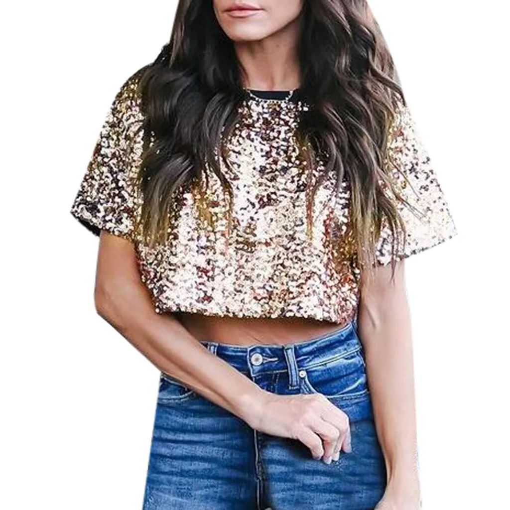 

Summer sexy crop top women Sexy Loose Sequin Glitter Blouses Summer Casual Shirts tank top women