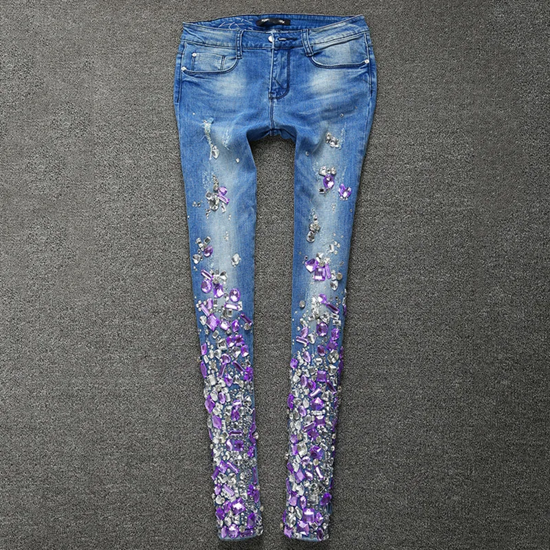 

Boyfriend Jeans Luxury Rhinestones Diamond Pocket Jeans Women Pants Streetwear Women Stretch Plus Size Pencil skinny jeans