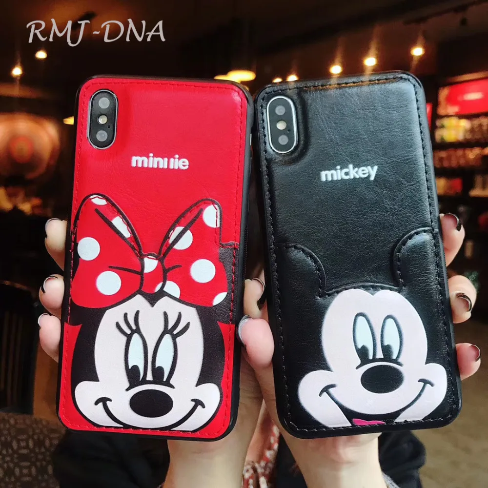 

RMJ-DNA Mickey Minnie Phone Case For iPhone X 6 6S 8 7 Plus PU Leather Cartoon Soft Back Cover For iPhone 7 6s XR XS MAX Coque
