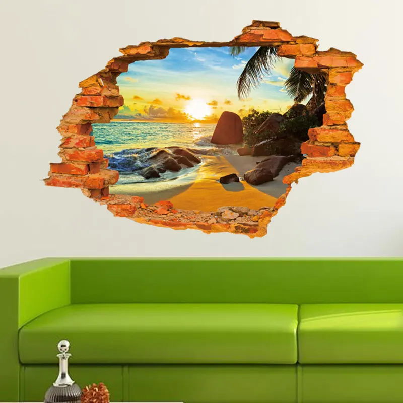 3D Beach Sunshine Stickers Decal Art Mirrors Vinyl Wall Sticker Home Room DIY Decor Fashion Decoration-Drop