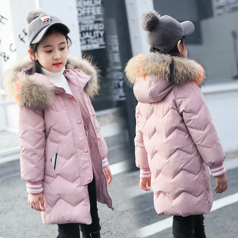 

XYF9975 Girl Winter 80% White Duck Down Coat Child Big Fur Collar Keep Warm Thick Hooded Jacket Long Outerwear kids Windbreaker