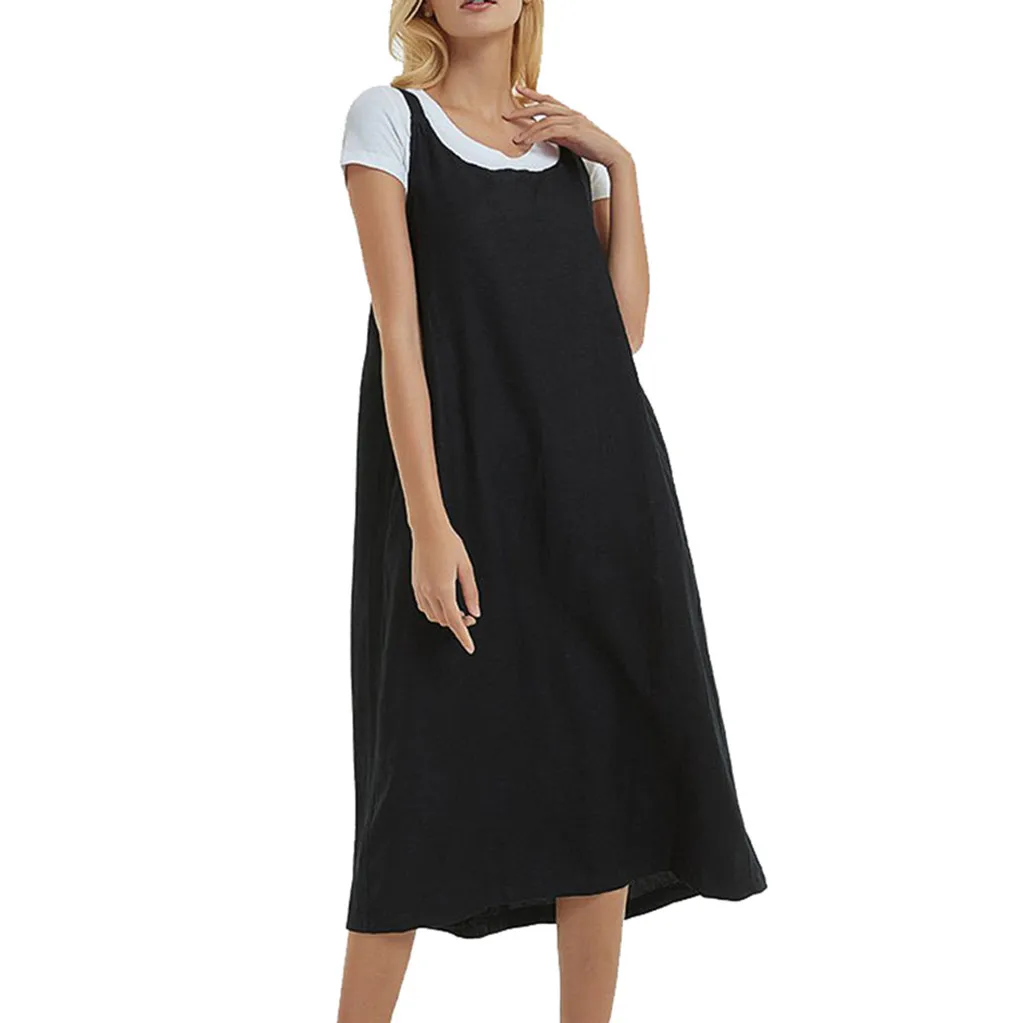

2019 Women Beach Dress Summer Cotton and linen Fashion Loose Solid Color O-Neck Sling Halter Dress L702