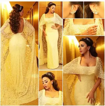 

Unique Design Neckline Long Evening Gowns with Fixed Cape for Wedding Party Custom Made