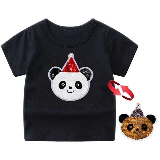 Panda Tiger Dinosaur Sequin Children T Shirt for Boys Tshirts Kids T Shirt Cartoon Print Summer Tops T-shirts for Baby Clothes 6