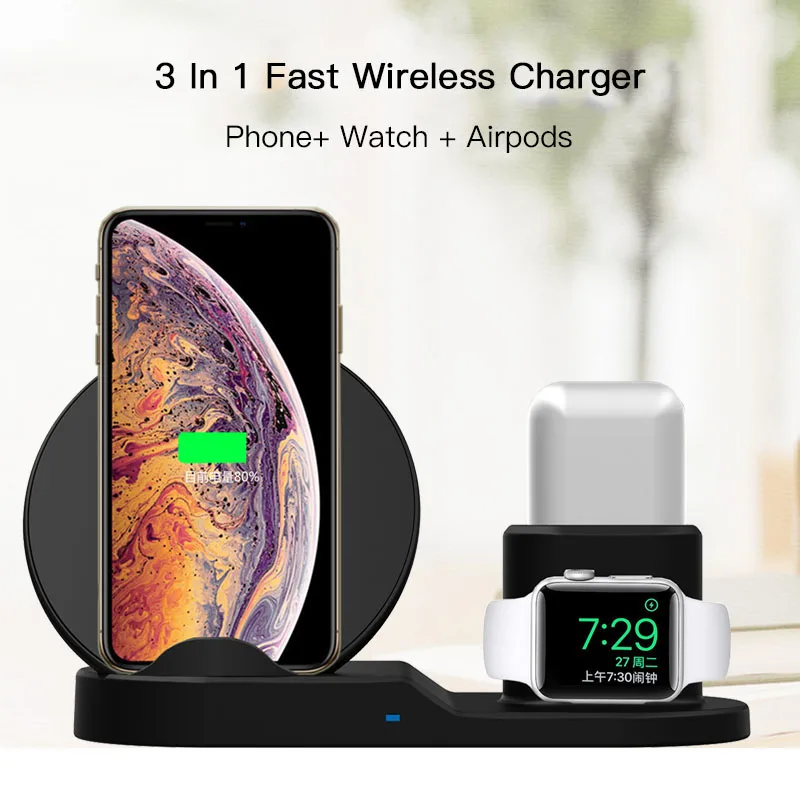 Быстрая зарядка беспроводное зарядное устройство для Iphone XS XR XS Max 3 в 1 Беспроводное Зарядное устройство Док-станция для Apple Watch Series 1 2 3 Airpods