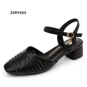 

Square Head Cowhide Hollow Women Leather Sandals Summer Fashion Sandals 2019 Plus Size Soft Bottom Women Shoes High Heel Sandals