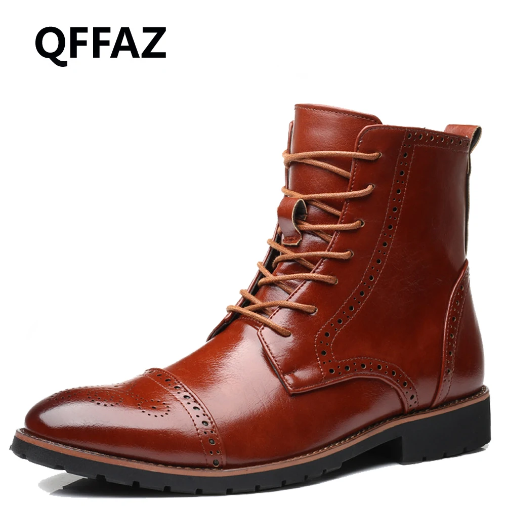 QFFAZ men autumn shoe genuine leather flat ankle boots Waterproof Men