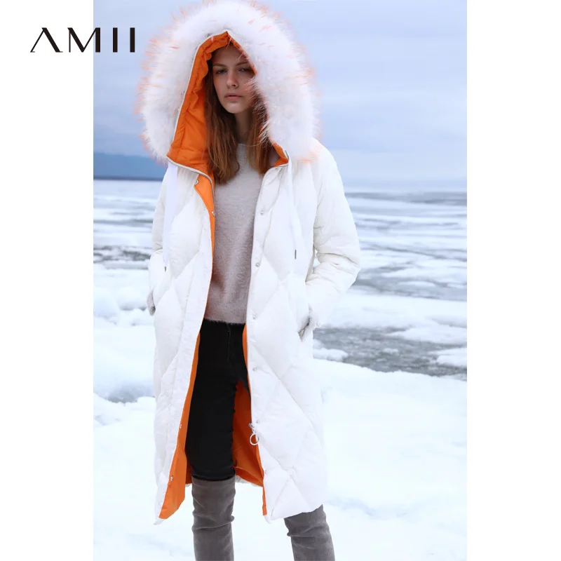 Amii, теплый пуховик с капюшоном для женщин, зима, повседневный светильник, теплый свободный меховой воротник, парка, 90% белый утиный пух, длинная куртка - Цвет: white down coat