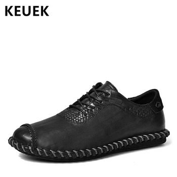 

Hand Sewing Men Casual leather shoes Genuine Leather Lace-Up Loafers Spring Autumn Male Flats Soft Comfortable Driving shoes 02A