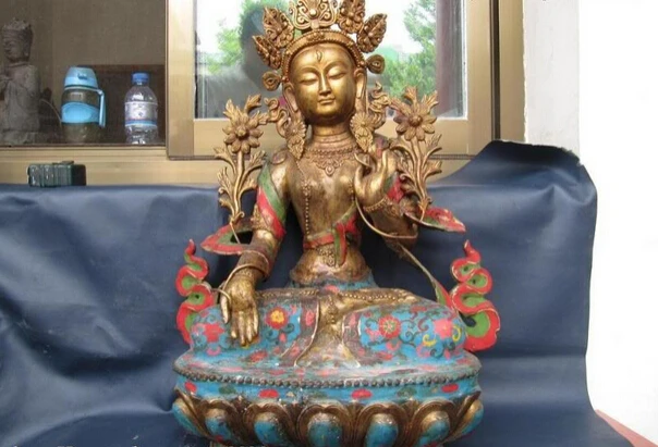 

Collectible bronze lion statue S0936 Tibet Folk Fane Bronze cloisonne Green Tara kwan-Yin Buddha statue